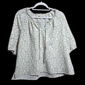 Indigo Rose Relaxed Top Women's 1X Boho Green & White Floral Tie Front Peasant